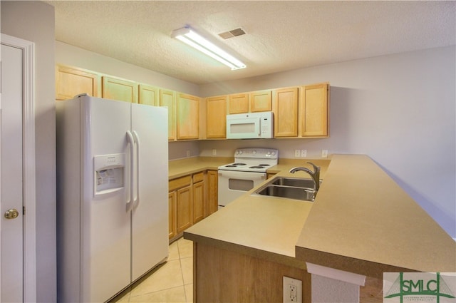 kitchen featuring light brown cabinetry, light tile flooring, kitchen peninsula, sink, and white appliances