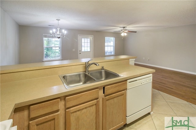 kitchen featuring light hardwood / wood-style floors, ceiling fan with notable chandelier, white dishwasher, sink, and pendant lighting