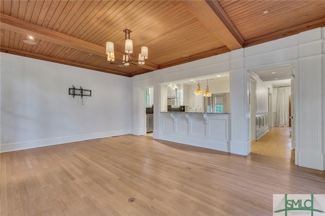 unfurnished living room with light hardwood / wood-style flooring, an inviting chandelier, beamed ceiling, and wooden ceiling