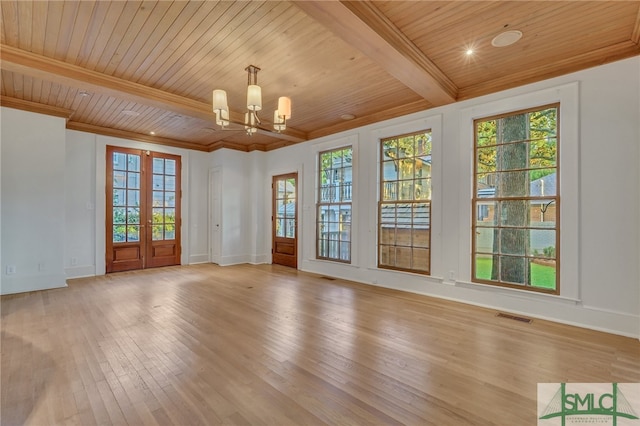 unfurnished room featuring wood ceiling, light hardwood / wood-style flooring, a notable chandelier, and a wealth of natural light