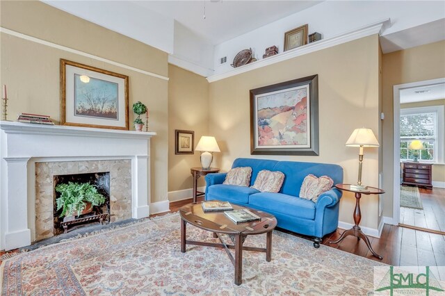 living room featuring a fireplace and hardwood / wood-style floors