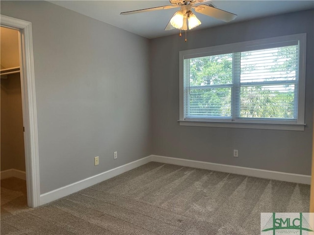 unfurnished bedroom with carpet flooring, a spacious closet, ceiling fan, and a closet