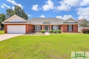 ranch-style house featuring an attached garage, concrete driveway, and a front lawn