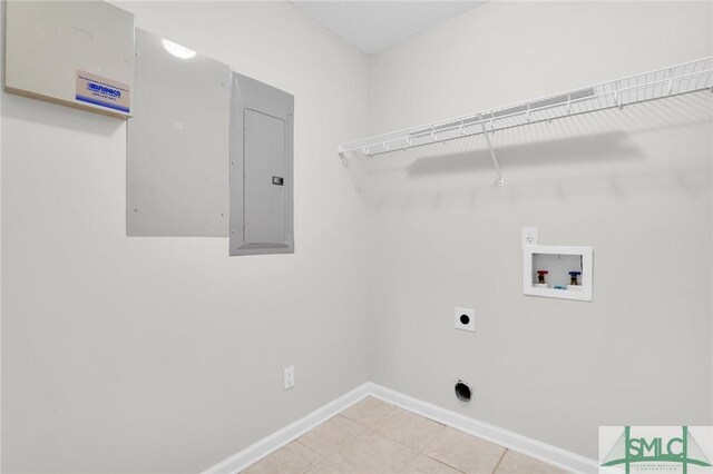 laundry room with baseboards, electric panel, laundry area, hookup for a washing machine, and hookup for an electric dryer