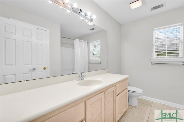 bathroom with tile patterned flooring, visible vents, baseboards, toilet, and vanity