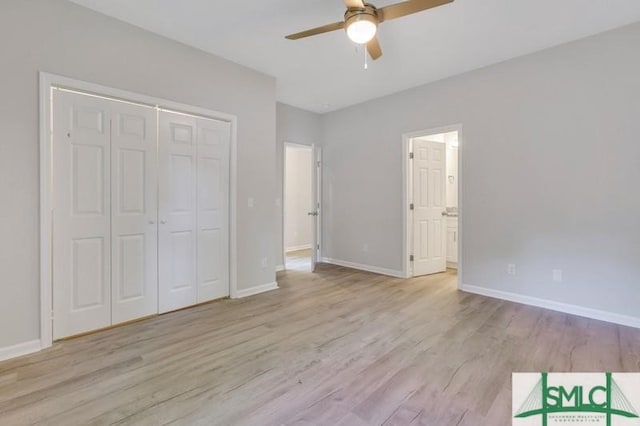 unfurnished bedroom featuring ceiling fan, a closet, and light hardwood / wood-style floors