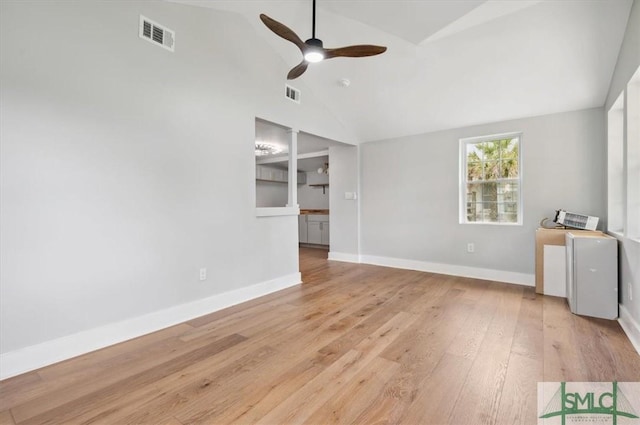 unfurnished living room featuring ceiling fan, high vaulted ceiling, and light hardwood / wood-style flooring