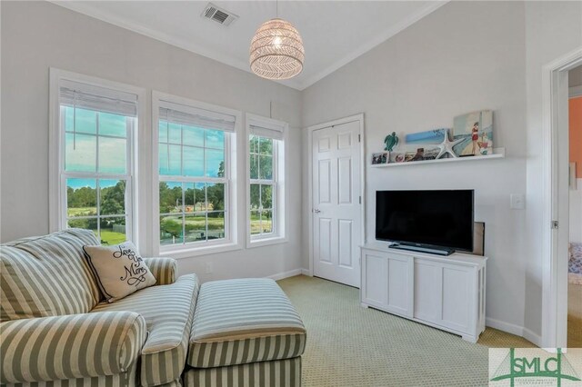 living room with light colored carpet and vaulted ceiling