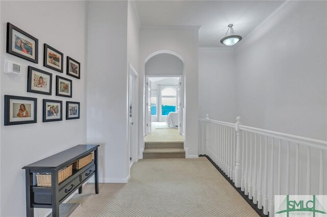 hallway featuring ornamental molding and light carpet