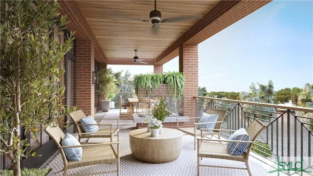 balcony with an outdoor hangout area and ceiling fan