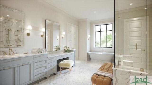 bathroom with ornamental molding, vanity, and shower with separate bathtub