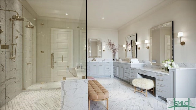 bathroom with vanity, ornamental molding, and walk in shower