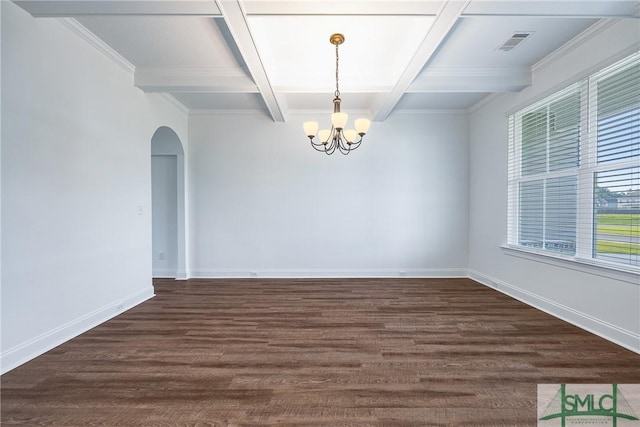 12 Cottonfield Dr, Guyton, GA 31312 - spare room with arched walkways, a chandelier, dark wood finished floors, coffered ceiling, and beam ceiling
