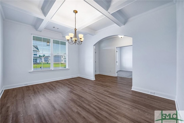 12 Cottonfield Dr, Guyton, GA 31312 - empty room featuring arched walkways, dark wood-style floors, coffered ceiling, a chandelier, and beamed ceiling
