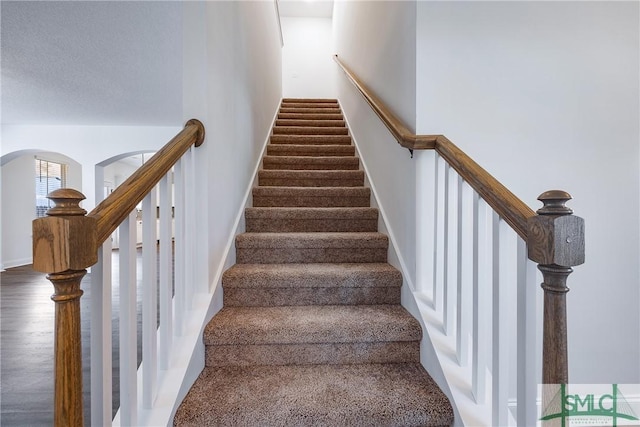 stairway with hardwood / wood-style floors