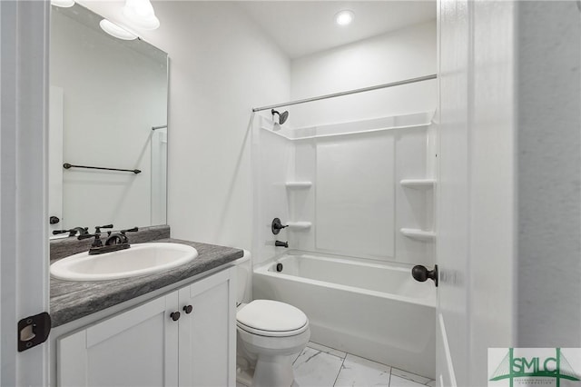 full bathroom with shower / bathing tub combination, vanity, and toilet