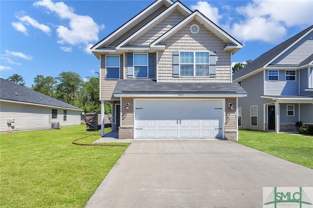 craftsman inspired home with central air condition unit, a front yard, and a garage