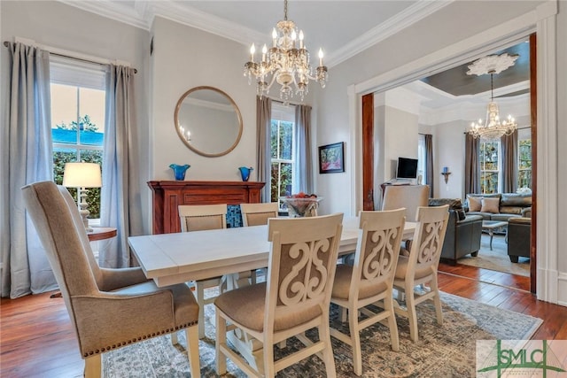 dining room featuring plenty of natural light, wood-type flooring, and ornamental molding