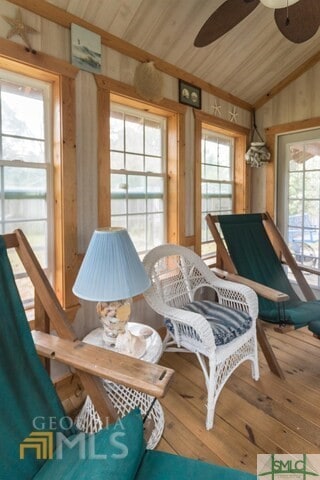 sitting room with wood-type flooring, wooden ceiling, and lofted ceiling