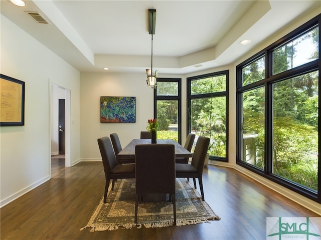 dining area with dark hardwood / wood-style floors and a tray ceiling