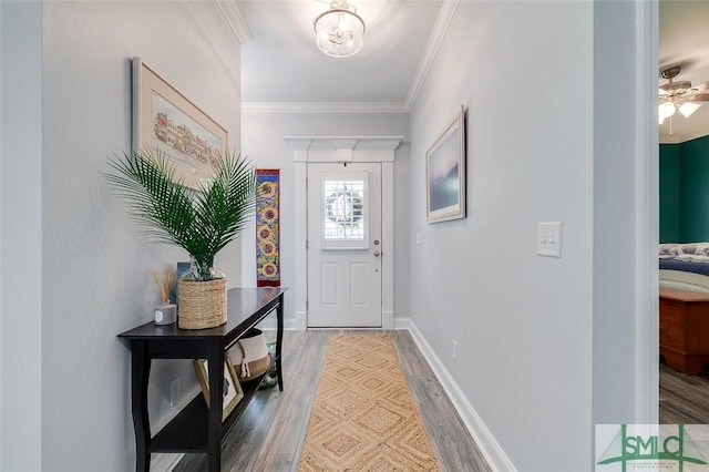 entrance foyer featuring crown molding, ceiling fan, and wood-type flooring