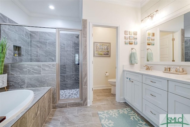 full bathroom with vanity, plus walk in shower, ornamental molding, and toilet