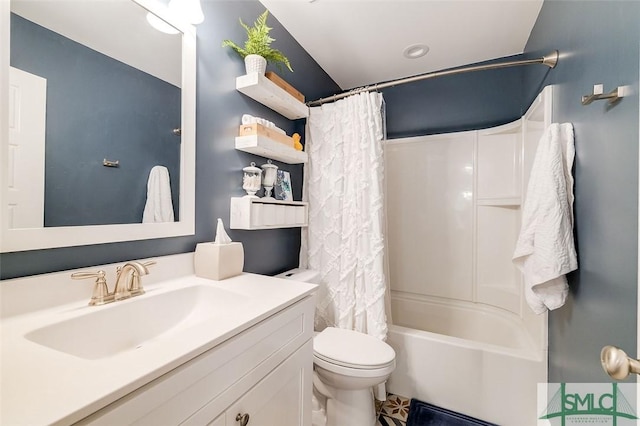 full bathroom with vanity, toilet, and shower / bathtub combination with curtain