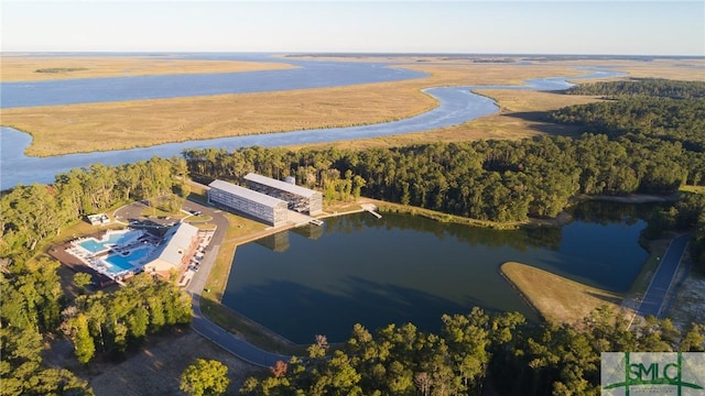 aerial view featuring a water view