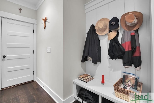 mudroom with crown molding and dark wood-type flooring