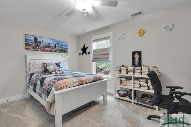 carpeted bedroom featuring ceiling fan