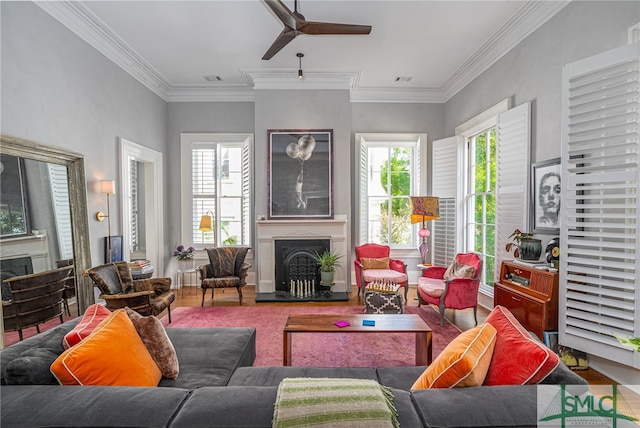 living room with ceiling fan, hardwood / wood-style floors, and ornamental molding