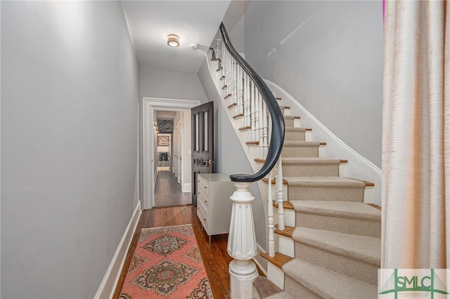 staircase with wood-type flooring