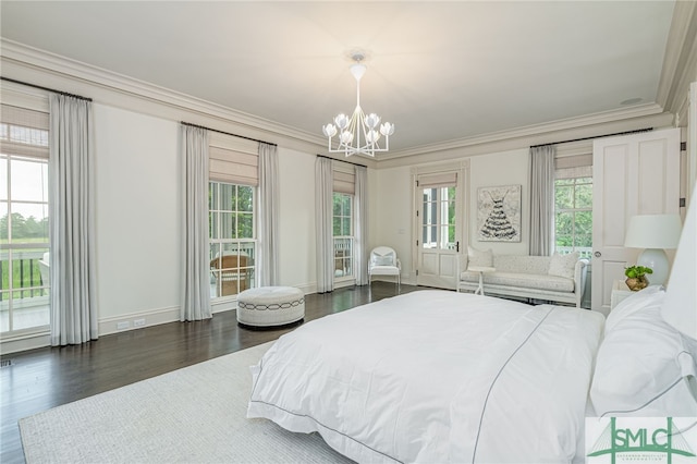 bedroom with access to exterior, a chandelier, dark hardwood / wood-style floors, and ornamental molding