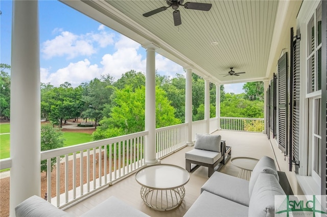 view of patio / terrace with ceiling fan and a porch