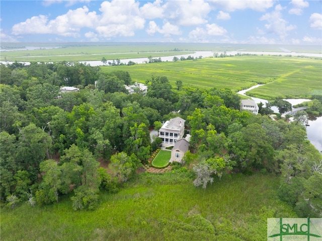 bird's eye view featuring a rural view and a water view