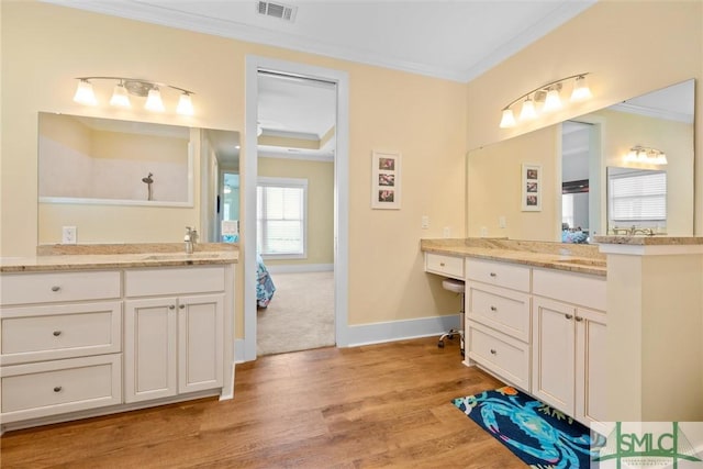 bathroom featuring ornamental molding, hardwood / wood-style floors, and vanity