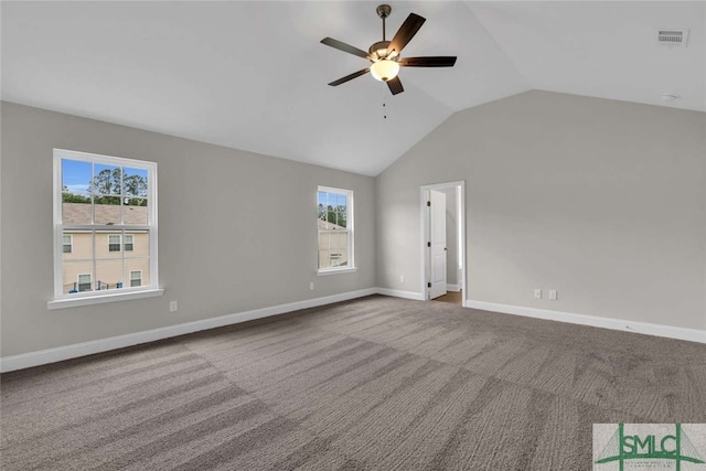 additional living space featuring high vaulted ceiling, ceiling fan, carpet floors, and a wealth of natural light