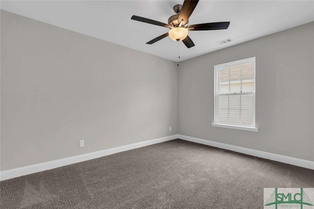 empty room with baseboards, visible vents, ceiling fan, and carpet flooring