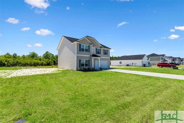 view of front property featuring a garage and a front lawn