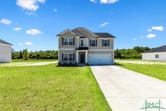 view of front of house with a garage and a front lawn