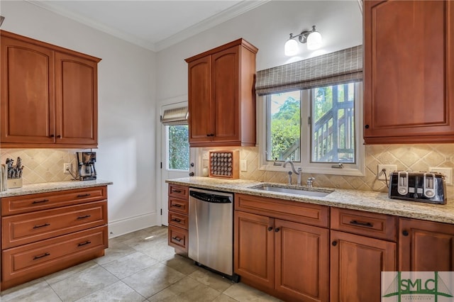 kitchen with decorative backsplash, light stone counters, stainless steel dishwasher, light tile patterned floors, and sink