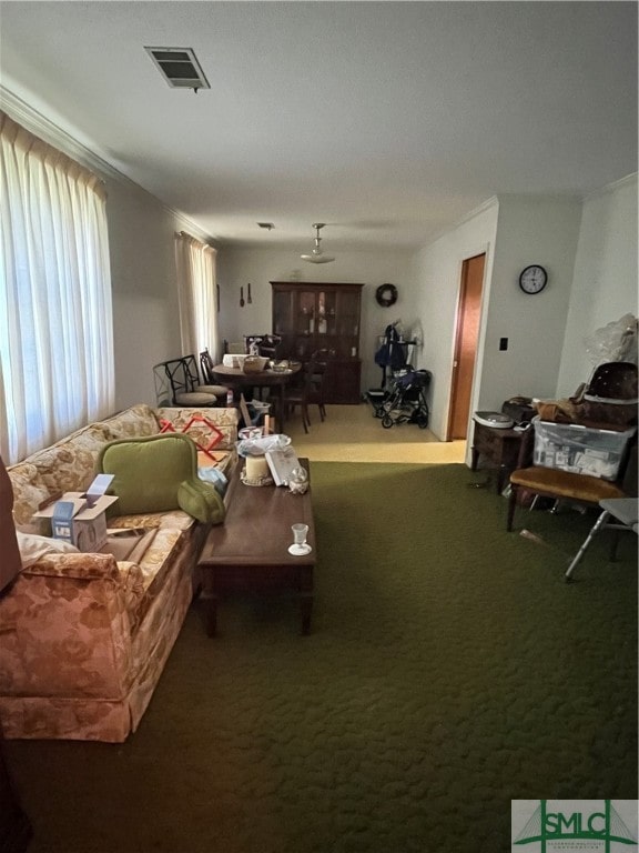 living room featuring carpet and crown molding