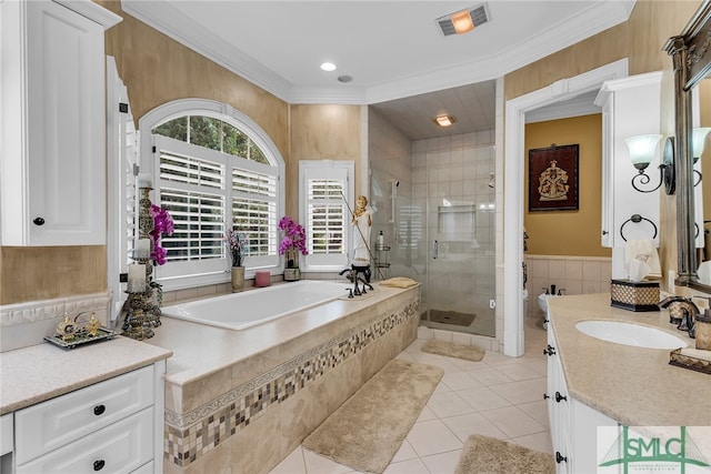 bathroom featuring separate shower and tub, vanity, tile floors, and crown molding