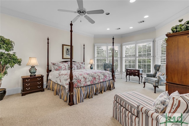 bedroom featuring light carpet, crown molding, and ceiling fan