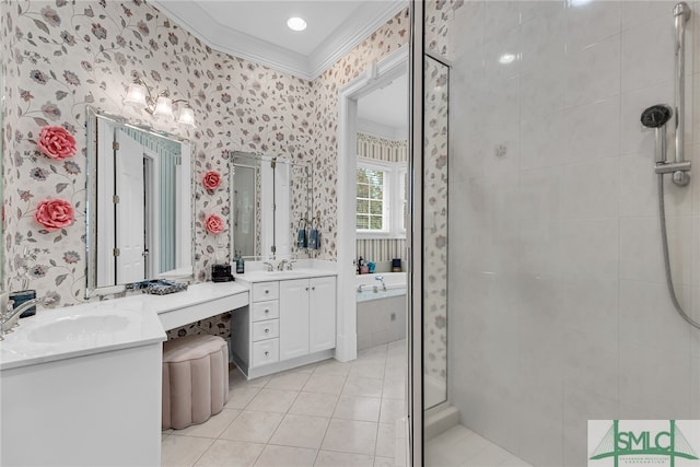 bathroom with walk in shower, tile flooring, ornamental molding, and vanity