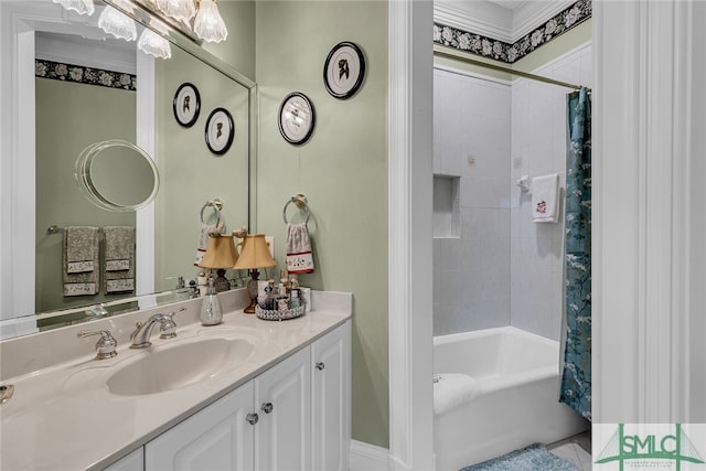 bathroom with ornamental molding, shower / tub combo with curtain, and oversized vanity