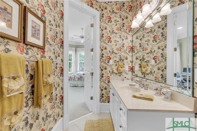 bathroom featuring vanity, ceiling fan, and tile floors