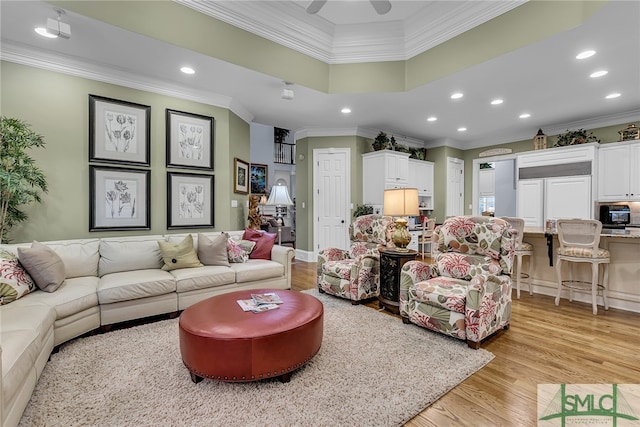 living room featuring a tray ceiling, light hardwood / wood-style floors, and crown molding