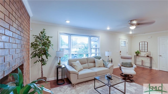 living room featuring a brick fireplace, crown molding, baseboards, and wood finished floors