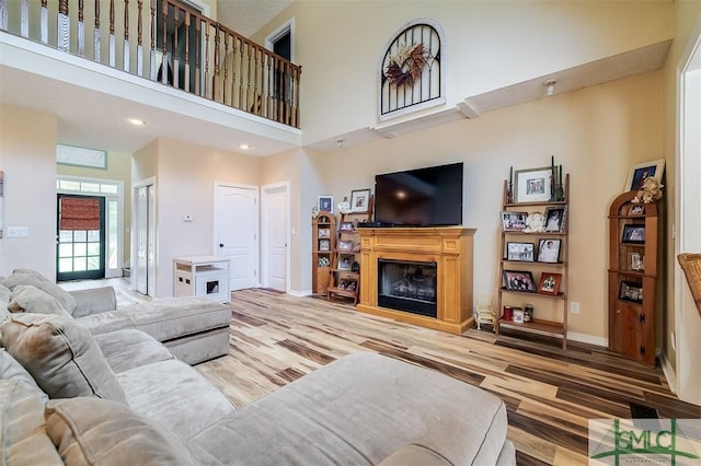 living room featuring wood-type flooring and a high ceiling